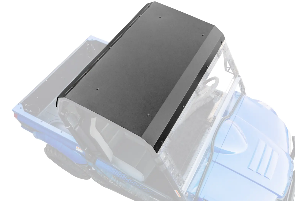 Top view of a Kymco XUV 700i with an attached black aluminum roof. The UTV is faded to emphasize the rectangular roof, featuring slightly raised sides and multiple visible screws on its surface.