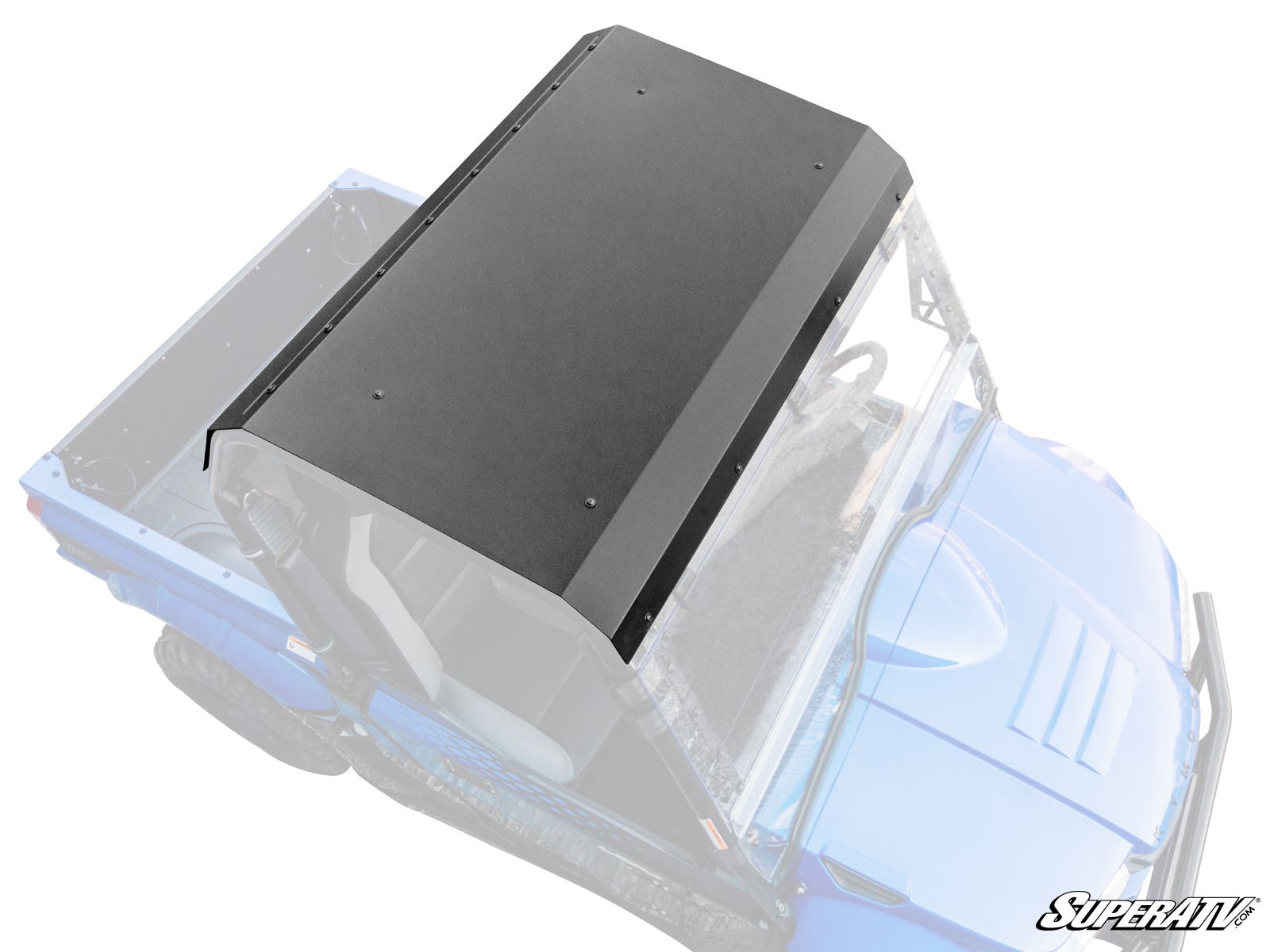 A black, rectangular Kymco UXV 700i Aluminum Roof is mounted on a blue UTV. The photo, taken from above at an angle, shows the roofs fit and attachment. The SuperATV logo appears in the bottom right corner.