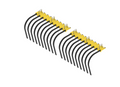 A Landscape rake (Receiver Mount System) shown from an angled viewpoint on a white background, featuring a yellow body with two parallel rows of black, curved tines extending downward.