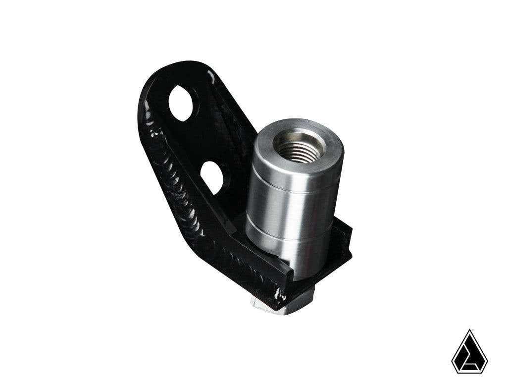 The Assault Industries Whip Mount (Fits: Polaris RZR XP 1000) is a black metallic bracket with an angled mounting plate, two circular holes, and a silver threaded insert on a plain white background with a small black triangular logo in the lower right.