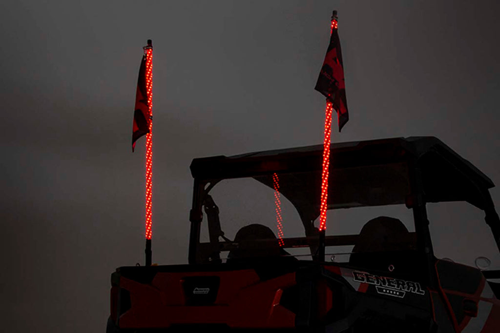 Rough Country Whip Mount | Bed | 4' Multl-Color LED Whip Pair | Polaris General (17-22)/Ranger (14-21)