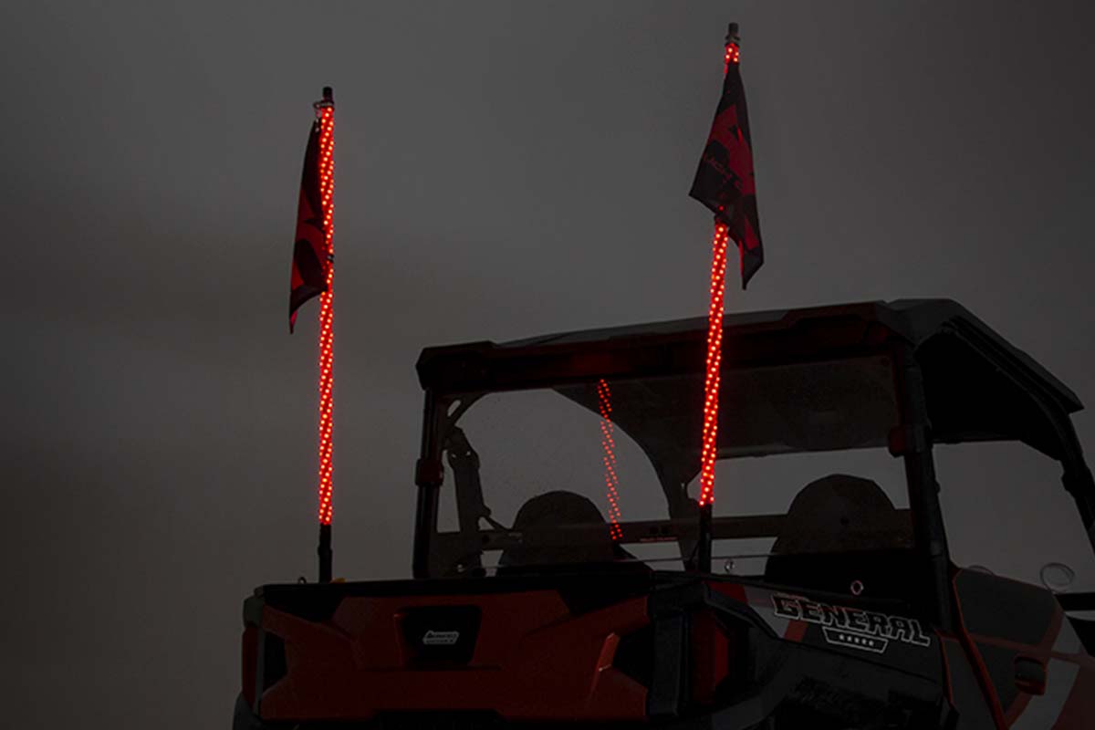 Rough Country Whip Mount | Bed | 4' Multl-Color LED Whip Pair | Polaris General (17-22)/Ranger (14-21)