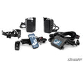 A set of LED Laser Whip Lights featuring two black rectangular units, wiring harnesses, mounting brackets, a blue and black control switch, and a control module displayed on a white background with the SuperATV logo in the corner.
