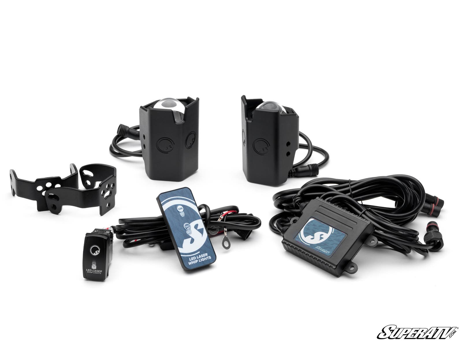 A set of LED Laser Whip Lights featuring two black rectangular units, wiring harnesses, mounting brackets, a blue and black control switch, and a control module displayed on a white background with the SuperATV logo in the corner.