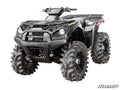 A black Kawasaki Brute Force ATV with a 2 Lift Kit, large off-road tires, headlights, and cargo racks is shown on a white background. The SuperATV logo appears in the lower right corner.