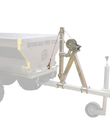 A metal winch with a hand crank is mounted on the tow bar of the Offroad Trailer 2600lb Capacity w/ 2 Ball Hitch, featuring angled support bars and positioned near a single caster wheel.