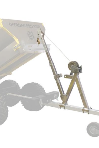 The Offroad Trailer 2600lb Capacity w/ 2 Ball Hitch features a metal winch system on a wheeled frame with cable and pulley for lifting or pulling, built for rugged outdoor use. Shown attached to the trailer against a white background.