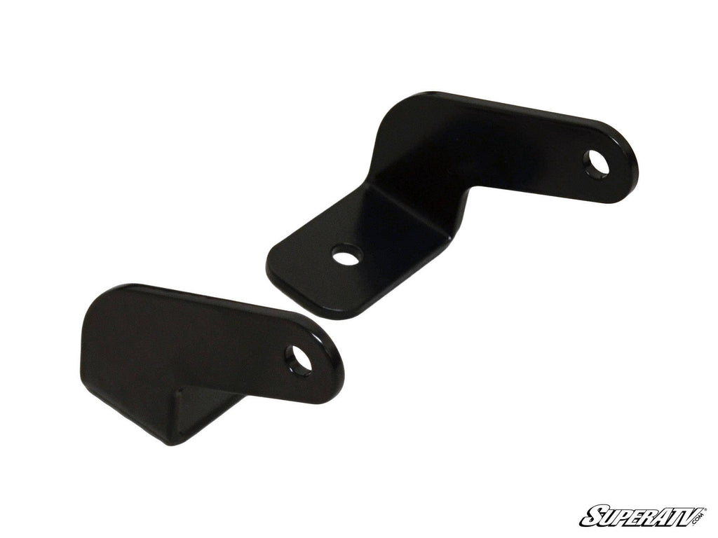 Two black, L-shaped metal Light Bar Mounting Brackets with rounded edges and a hole in each end sit on a white background. The SuperATV logo appears in the lower right corner. The brackets look sturdy and are made for mounting purposes.