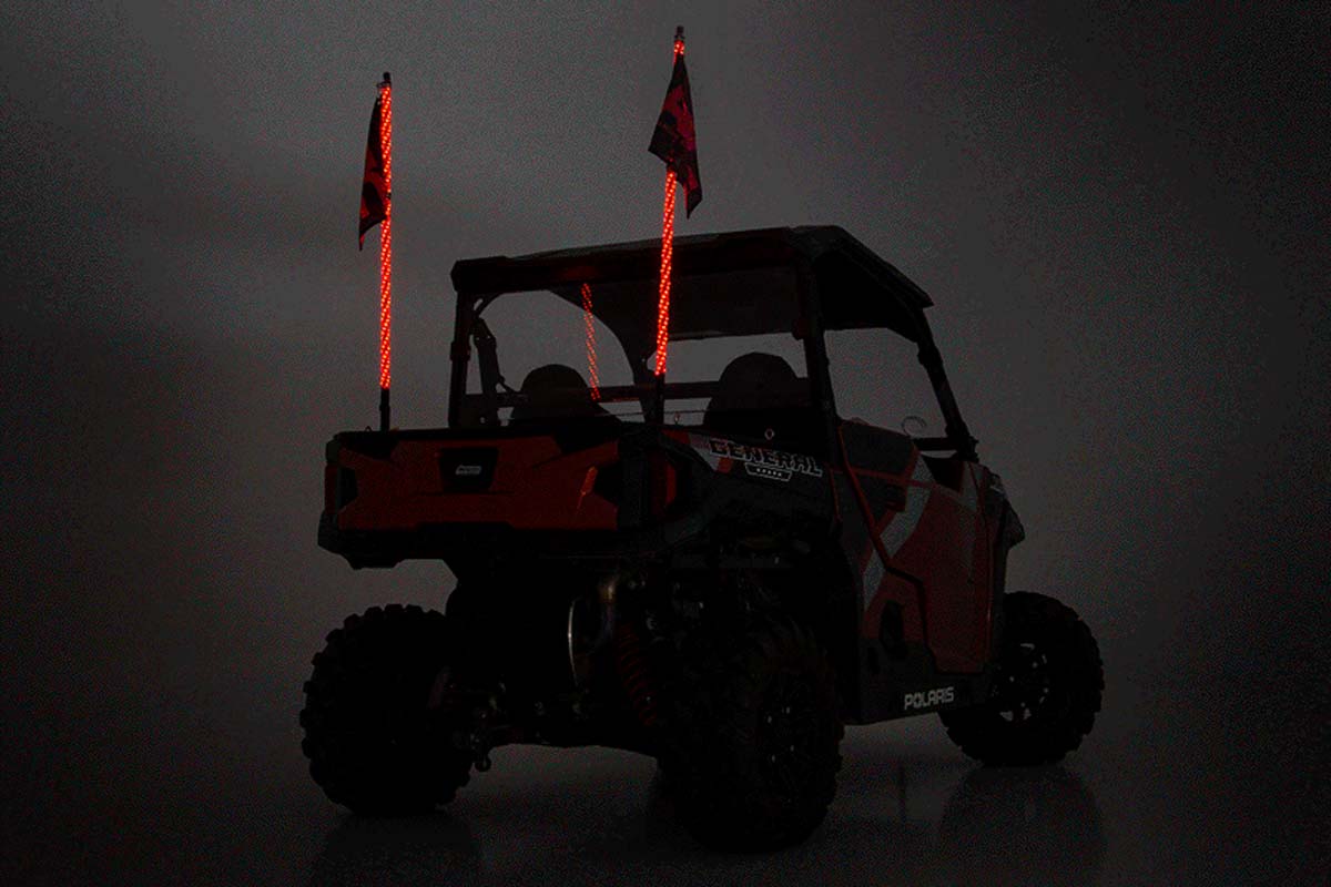 Rough Country Whip Mount | Bed | 4' Multl-Color LED Whip Pair | Polaris General (17-22)/Ranger (14-21)