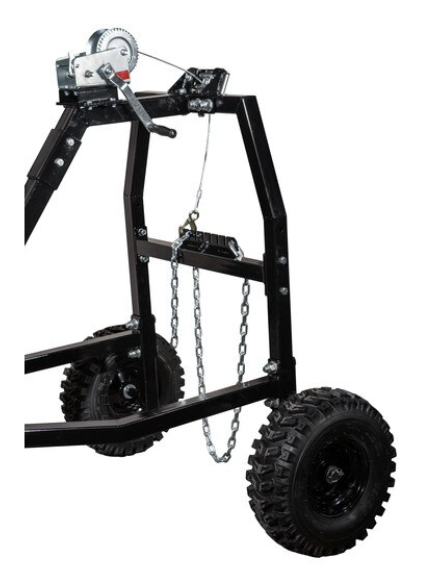 A close-up of the Log Haulers black metal frame with two large rugged wheels, a top-mounted winch with handle, a hanging hooked chain, and a connected cable, all set against a plain white background.