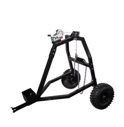 The Log Hauler features a black steel frame, large rugged wheels, a hand winch, and a hanging chain for heavy lifting or transport—shown against a white background.