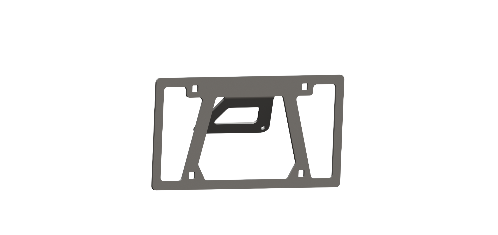 The See Treck Kitting Tab Universal Front License Plate Mount in texture black is a flat, dark gray bracket with a rectangular frame, vertical side bars, an angled center cutout, rounded corners, slots at each corner, and a central triangular cutout.
