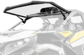 A partial side view of a Can-Am Maverick shows the MaxDrive Power Flip Windshield propped open, revealing the seats and dashboard. The vehicle features light gray and yellow accents.