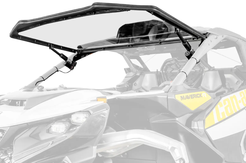 A partial side view of a Can-Am Maverick shows the MaxDrive Power Flip Windshield propped open, revealing the seats and dashboard. The vehicle features light gray and yellow accents.