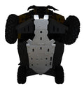 The image shows a 2015-2018 Maverick Xds Full Belly Skid Plate Set installed, covering most of the ATV’s undercarriage to protect it from debris. Four rugged tires are visible at each corner.
