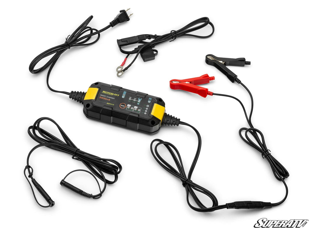 The Motobatt 6V/12V UTV Battery Charger features a black and yellow design, multiple cables and connectors (alligator clips, ring terminals, 12V adapter), labeled indicator lights and buttons on top, plus the SuperATV logo on the lower right.