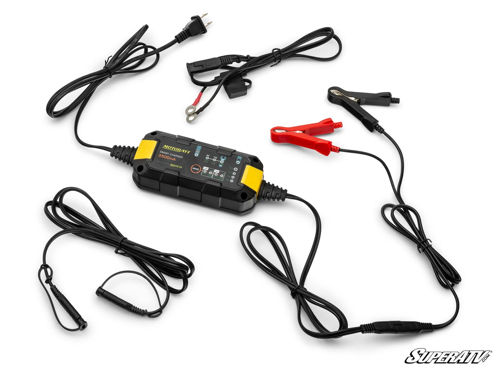 The Motobatt 6V/12V UTV Battery Charger features a black and yellow design, multiple cables and connectors (alligator clips, ring terminals, 12V adapter), labeled indicator lights and buttons on top, plus the SuperATV logo on the lower right.