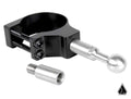 The Assault Industries M10 to M10 Mirror Post Extension features a black clamp with two visible screws attached to a silver rod ending in a round ball, next to a small silver threaded adapter. A black geometric logo appears in the bottom right on a white 