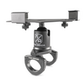 The Tab Mount Max Tube Mount is a black metal bracket with adjustable arms and two circular clamps, designed to secure electronic devices to handlebars or tubes. Its flexible connectors and clamps provide versatile positioning and a stable hold.