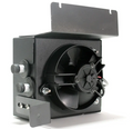 The Inferno Cab Heater Kit With Defrost for 2018-Current Can-Am Maverick Trail is a black, box-shaped unit featuring a central circular fan, metallic knobs and switches on the left, a hinged top cover, and visible wiring. It’s shown angled on white.
