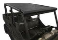 A Polaris Ranger Full-Size Crew (2014-2020) with a Pro-Fit cage is shown featuring a 2-piece ABS black roof, open sides, rugged construction, spacious seating for four, and black POLARIS-labeled seats.