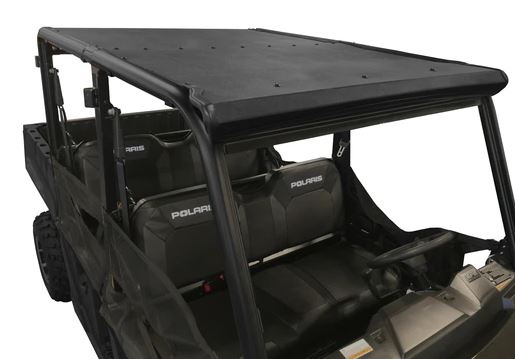 A Polaris Ranger Full-Size Crew (2014-2020) with a Pro-Fit cage is shown featuring a 2-piece ABS black roof, open sides, rugged construction, spacious seating for four, and black POLARIS-labeled seats.
