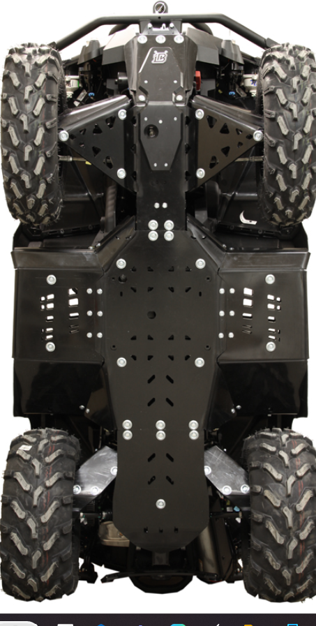 Close-up of a CanAm G2 Outlander MAX 650/850/1000 (2017-2018) fitted with the Skid plate full set (plastic), showing rugged tires and reinforced undercarriage panels for enhanced protection and durability.