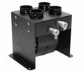 The Inferno Cab Heater Kit With Defrost for 2016-Current Honda Pioneer 1000 is a black, box-shaped unit with four top vents, two gray valve knobs on the front, and mounts on a metal base with side screws and flanges for secure installation.