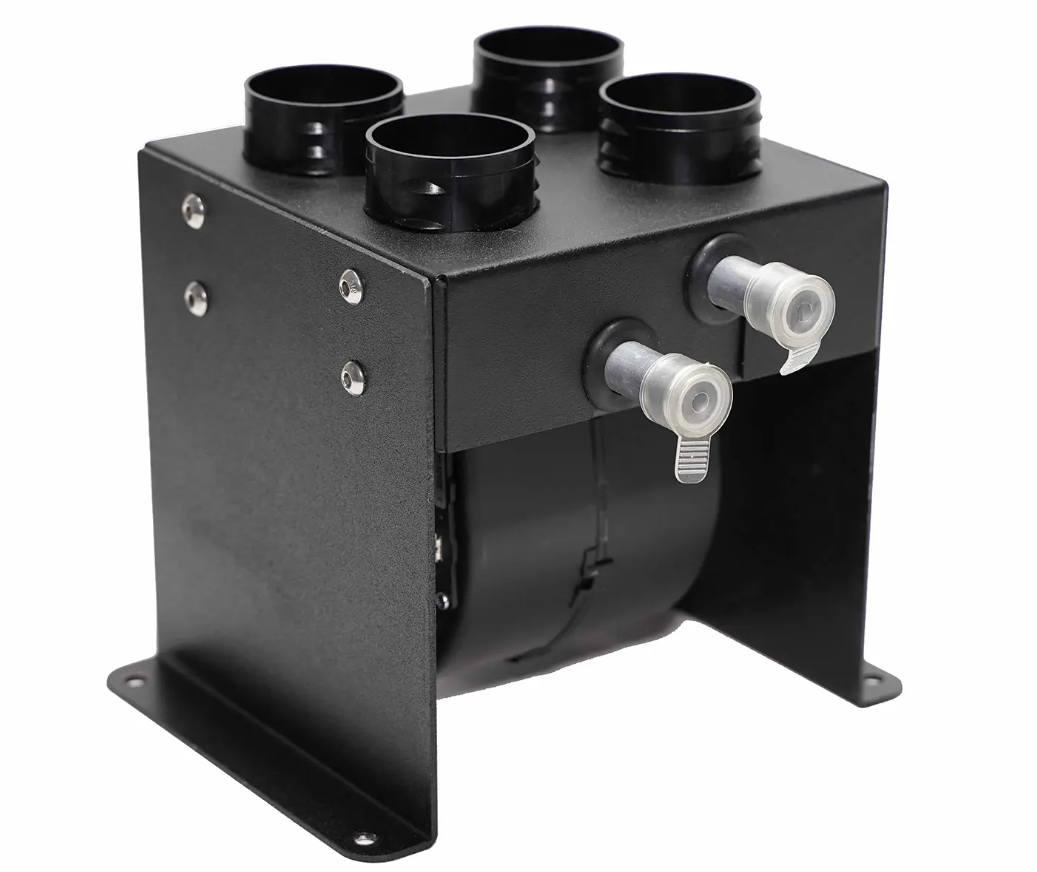 The Inferno Cab Heater Kit With Defrost for 2016-Current Honda Pioneer 1000 is a black, box-shaped unit with four top vents, two gray valve knobs on the front, and mounts on a metal base with side screws and flanges for secure installation.