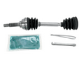 A CV Halfshaft - Front Left/Right - Suzuki is shown on a white background with black rubber boots, a metal shaft, green grease packet, and two metal clamps.