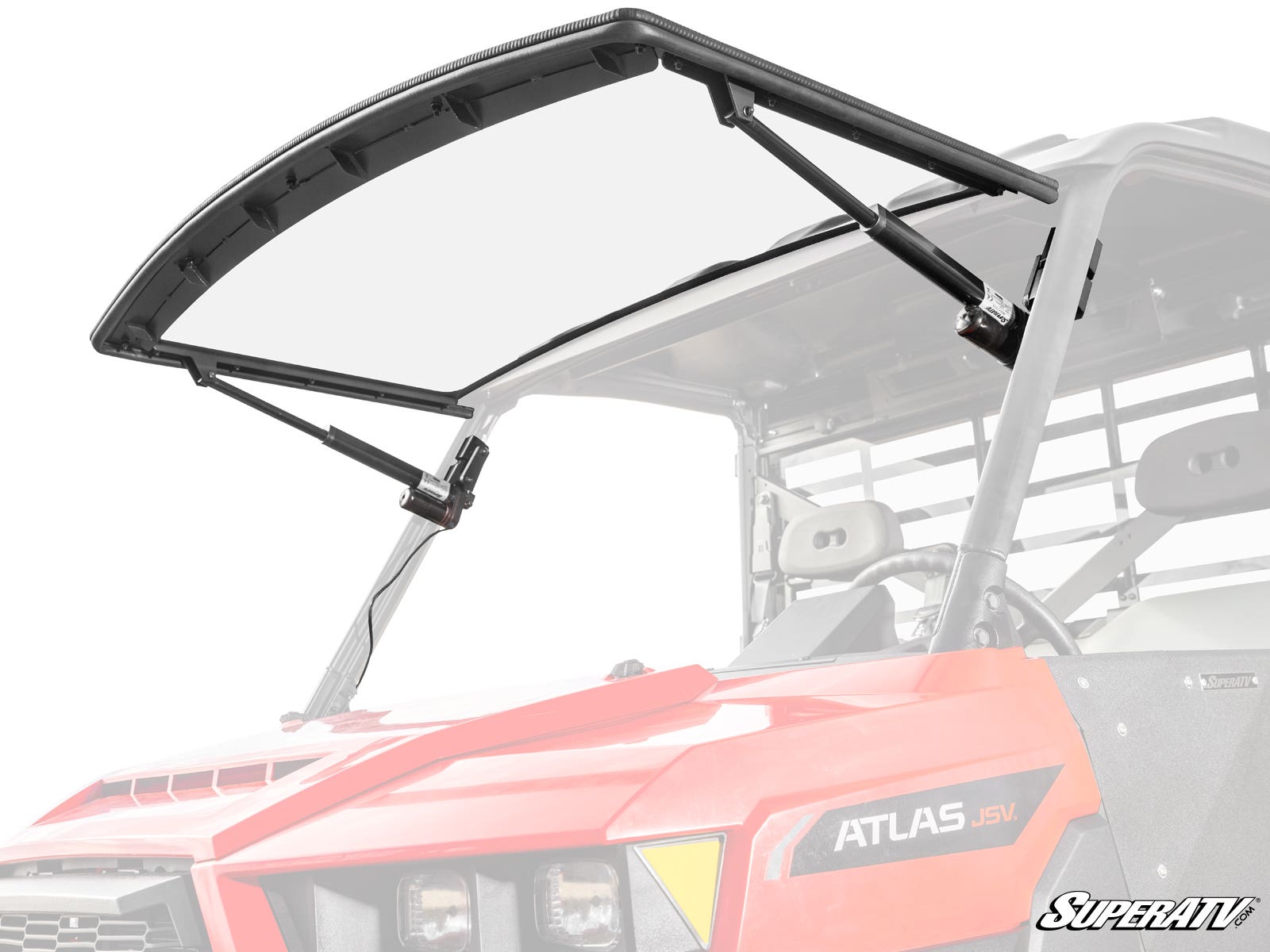 A Gravely Atlas JSV MaxDrive Power Flip Windshield with two black wiper arms is installed on a red off-road utility vehicle featuring two seats, roll cage bars, and an ATLAS JSV logo on the hood. The SuperATV logo appears in the bottom right corner.