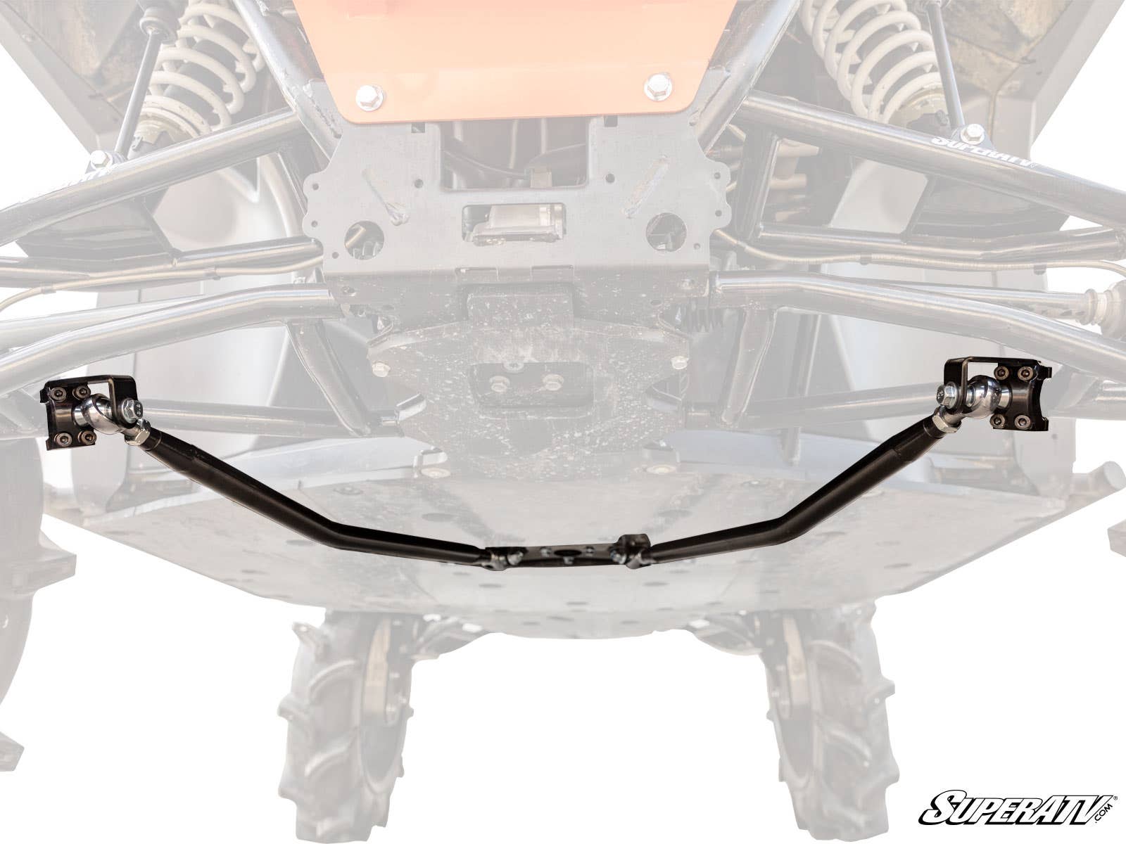 Close-up of a Polaris Ranger XP 1000 Track Bar’s curved, black design with end link mounts on both sides. The faded background highlights the bar, while the SuperATV logo appears in the lower right corner.
