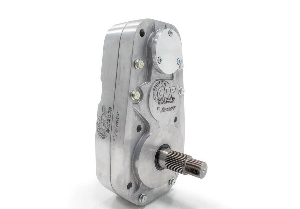 A precision-engineered Can-Am Maverick X3 8 Portal Gear Lift by SuperATV: rectangular silver metal gearbox with visible bolts, a smooth machined surface, embossed logo, and protruding splined shaft—ideal for performance ATVs.