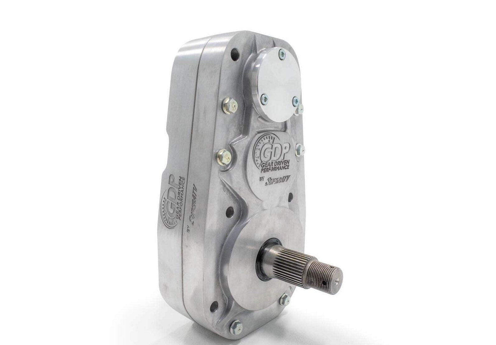 A precision-engineered Can-Am Maverick X3 8 Portal Gear Lift by SuperATV: rectangular silver metal gearbox with visible bolts, a smooth machined surface, embossed logo, and protruding splined shaft—ideal for performance ATVs.