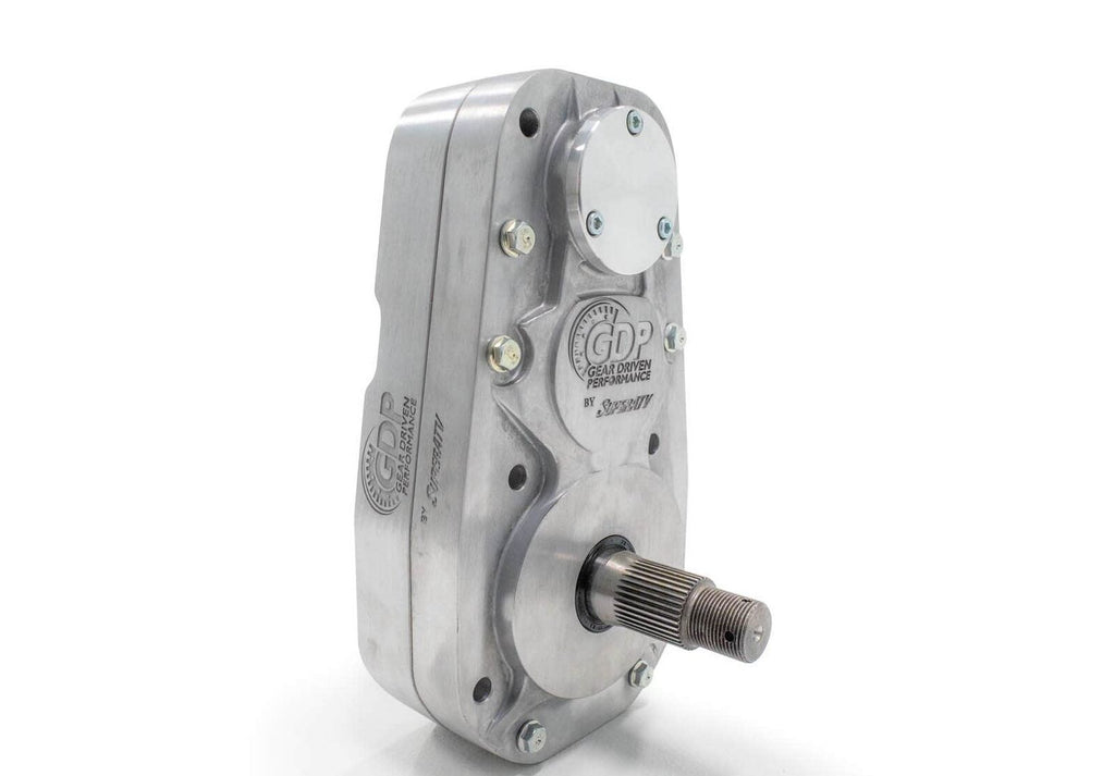 The Polaris Ranger XP 900 8 Portal Gear Lift features a robust metallic gearbox with a brushed aluminum finish, grooved cylindrical output shaft, engraved GDP Gear Driven Performance by SuperATV logo, and secure visible bolts for an industrial look.
