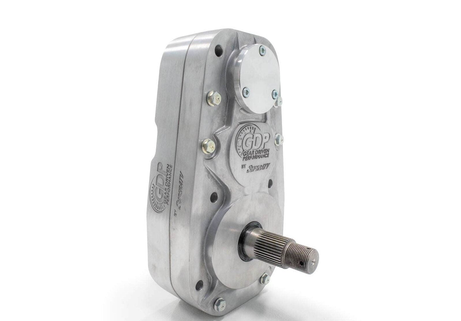 The Polaris Ranger XP 900 8 Portal Gear Lift features a robust metallic gearbox with a brushed aluminum finish, grooved cylindrical output shaft, engraved GDP Gear Driven Performance by SuperATV logo, and secure visible bolts for an industrial look.