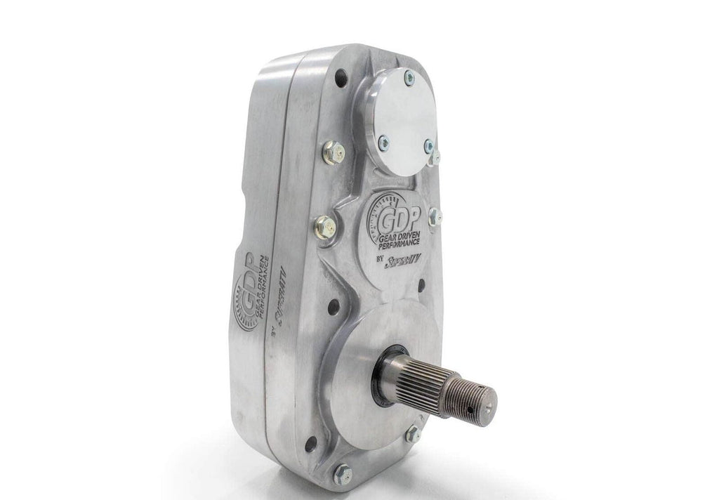 The Polaris RZR XP Turbo S 8 Portal Gear Lift features a silver machined metal gearbox housing with a cylindrical shaft at the bottom front, bolts along the edges, and an engraved GDP Gear Driven Performance logo on two sides.