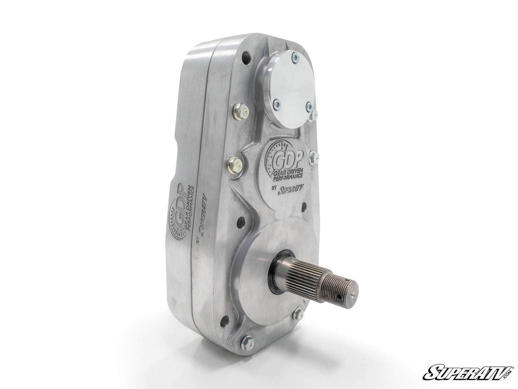 A silver metal Polaris General 8 Portal Gear Lift housing features visible bolts, circular embossed logos, and a protruding splined shaft. The clean image has a white background with the SuperATV logo in the bottom right corner.