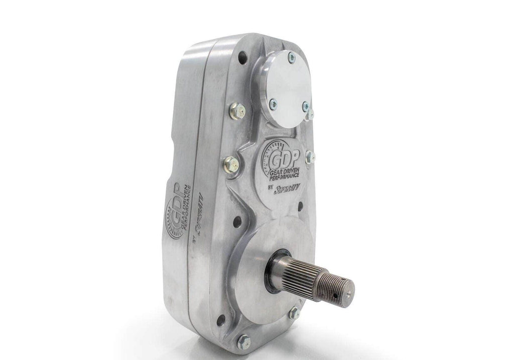 A metallic, rectangular Kawasaki Teryx KRX 1000 8 Portal Gear Lift with a splined shaft and brushed metal casing engraved GDP Gear Down Performance. Multiple bolts and rounded edges highlight its industrial, durable design on a white background.