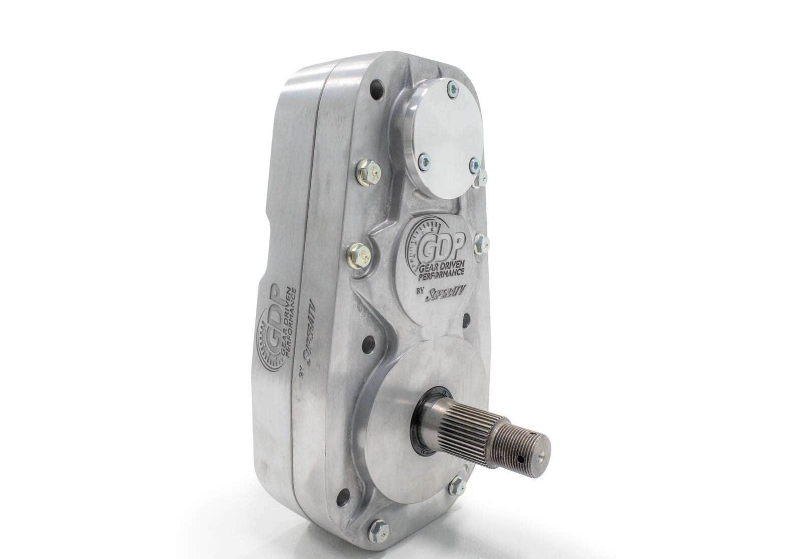 A metallic, rectangular Kawasaki Teryx KRX 1000 8 Portal Gear Lift with a splined shaft and brushed metal casing engraved GDP Gear Down Performance. Multiple bolts and rounded edges highlight its industrial, durable design on a white background.