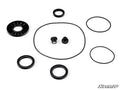 The Polaris RZR XP 1000 Differential Hub and Axle Upgrade Kit includes black rubber and metal seals, O-rings, washers, and two small fittings arranged symmetrically on a white background with the SuperATV logo in the bottom right corner.