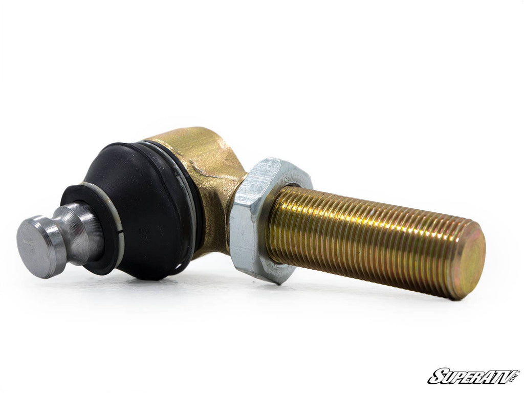 A close-up of the Polaris Adjustable Ball Joint featuring a threaded shaft, hex nut, and black rubber seal for automotive or machinery use. Set against a white background with the SuperATV logo in the bottom right corner.