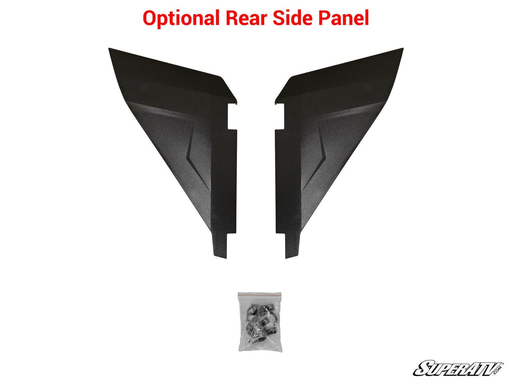 Two black Polaris RZR S4 1000 Lower Doors are displayed facing each other with a small hardware bag below. Optional Rear Side Panel is in bold red at the top, and the SuperATV logo appears in the lower right corner.