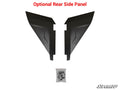 Two black Polaris RZR S4 1000 Lower Doors are displayed facing each other with a small hardware bag below. Optional Rear Side Panel is in bold red at the top, and the SuperATV logo appears in the lower right corner.