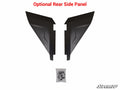 Two black, angular Polaris RZR XP 4 1000 Lower Doors are displayed side by side on a white background, with mounting hardware in a small plastic bag below. Red text above reads Optional Rear Side Panel. The SuperATV logo is at the bottom right.