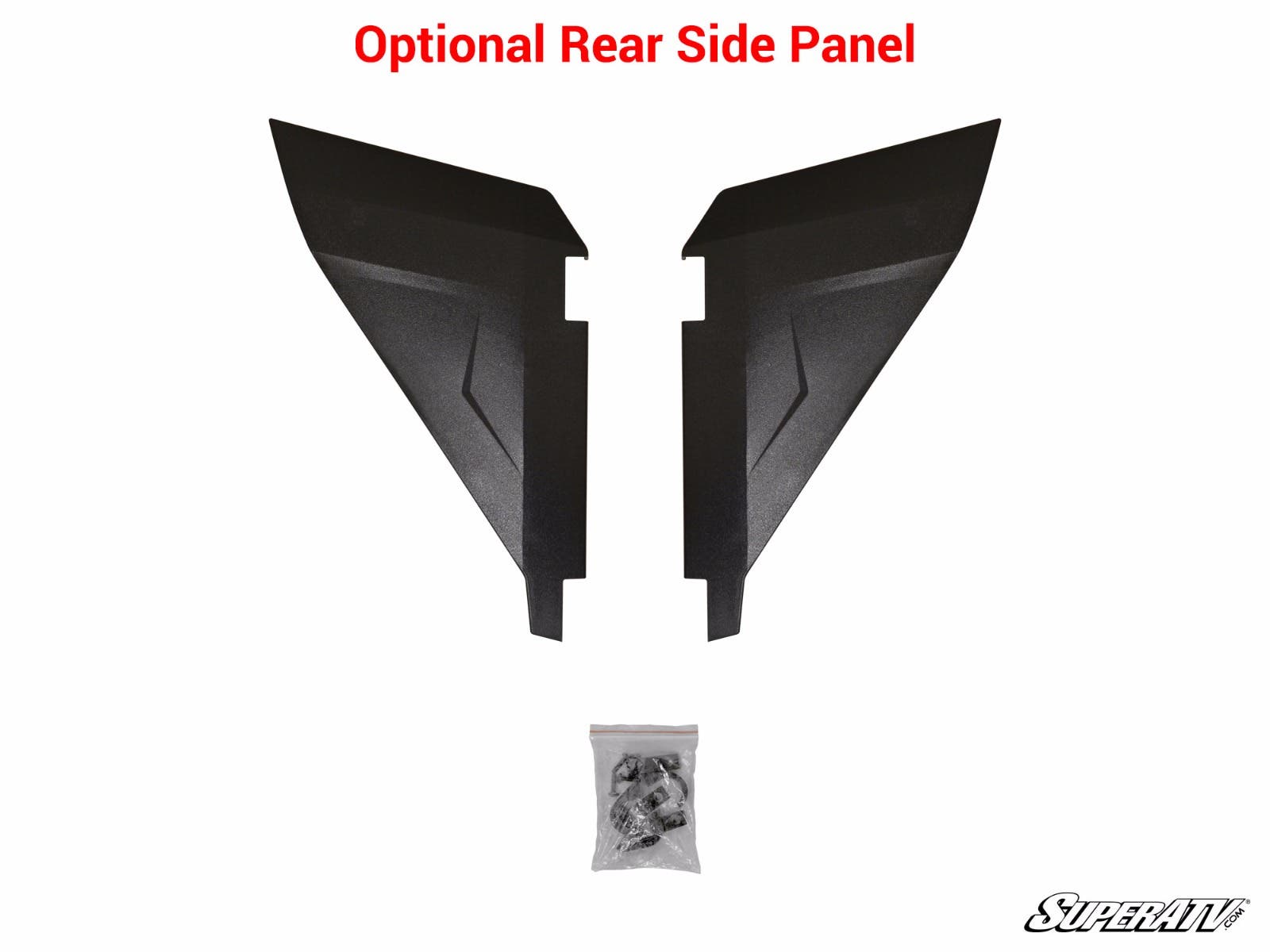 Two black, angular Polaris RZR XP 4 1000 Lower Doors are displayed side by side on a white background, with mounting hardware in a small plastic bag below. Red text above reads Optional Rear Side Panel. The SuperATV logo is at the bottom right.
