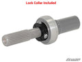 The Polaris RZR XP Turbo Heavy-Duty Carrier Bearing features a metal axle shaft with a splined end and cylindrical body, and includes a shiny lock collar with bolts. Lock Collar Included is highlighted in red. SuperATV logo is at the bottom right.
