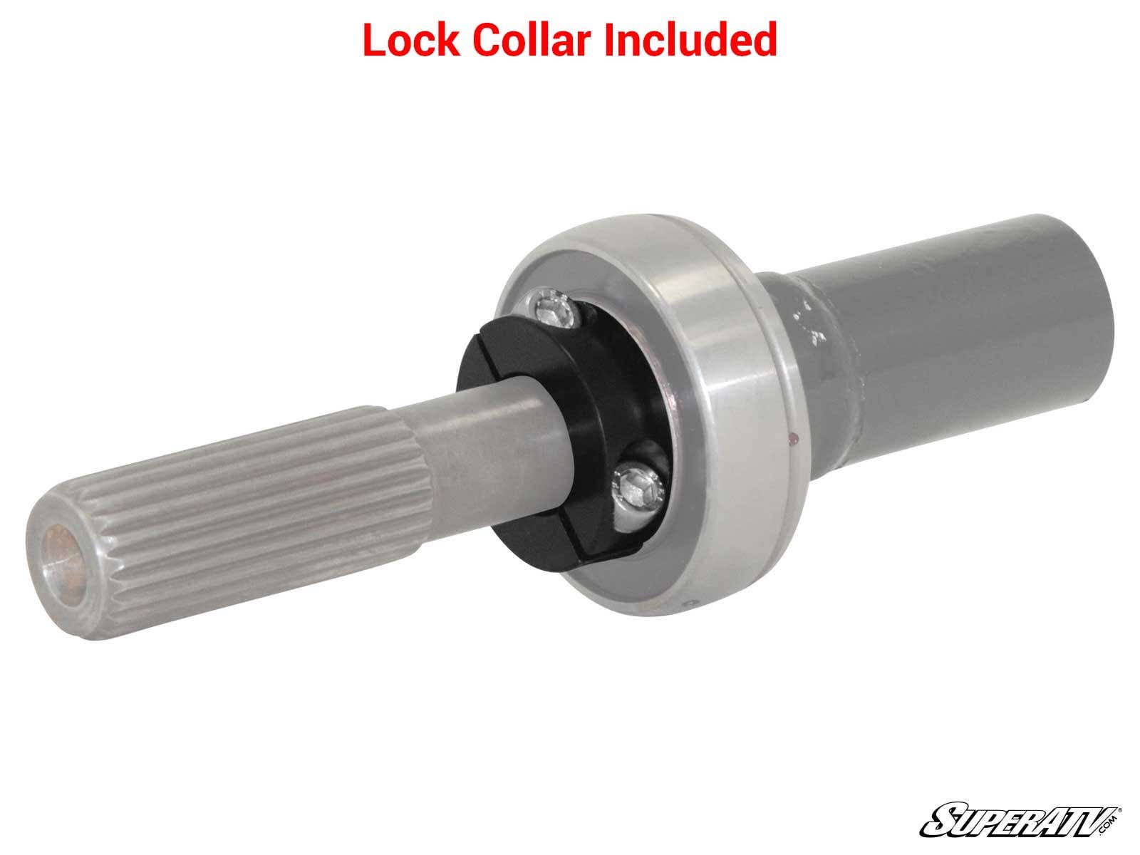The Polaris RZR XP Turbo Heavy-Duty Carrier Bearing features a metal axle shaft with a splined end and cylindrical body, and includes a shiny lock collar with bolts. Lock Collar Included is highlighted in red. SuperATV logo is at the bottom right.