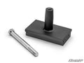 A Polaris Clutch Holder Tool, featuring a metal bolt and a black rectangular metal adapter with a vertical cylindrical extension and welded seam, is displayed on a white background. The SuperATV logo appears in the bottom right corner.