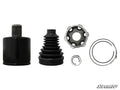 Five Polaris Heavy-Duty Replacement CV JointRhino 2.0 parts are arranged in a row on a white background: a metal joint, black rubber boot, splined bearing with six ball bearings, and two metal snap rings. The SuperATV logo is in the bottom right corner.